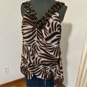 Brown and tan striped gauzy tank with jeweled neckline size XL